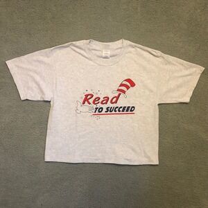 VTG Dr Seuss Crop Boxy Read To Succeed Graphic Shirt Gray Large Cat In The Hat